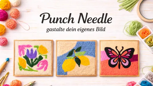 Three punch needle artworks with yarn supplies.