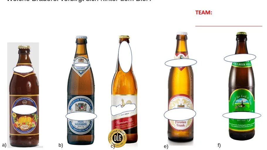 Five beer bottles with labels obscured.