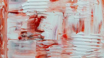 Abstract painting with red and white textures.