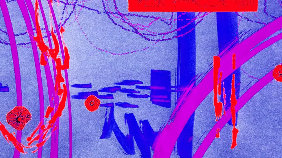 Abstract shapes in vibrant red and purple.