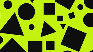 Black geometric shapes on yellow background.