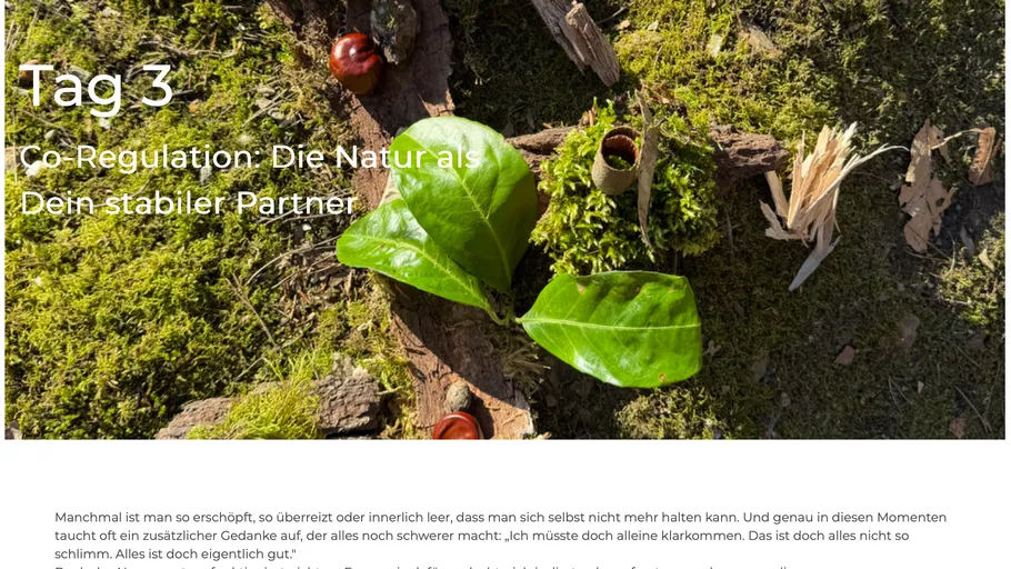 Blätter auf Waldboden mit Textüberlagerung.