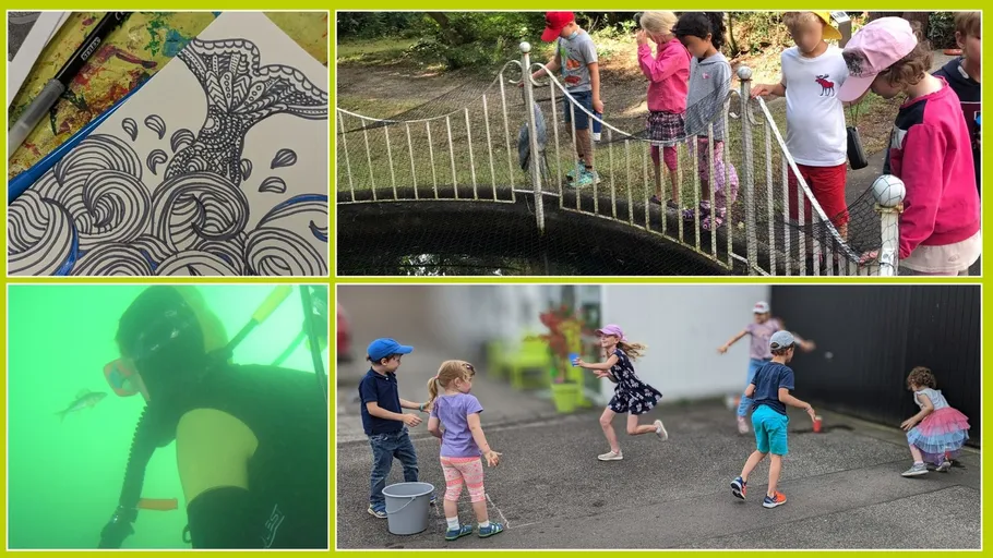 Collage: Zeichnung, Kinder an Brücke, Taucher, Kinder spielen.