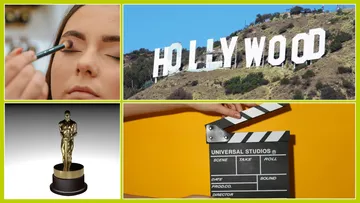 Collage: Makeup, Hollywood sign, Oscar, clapperboard.