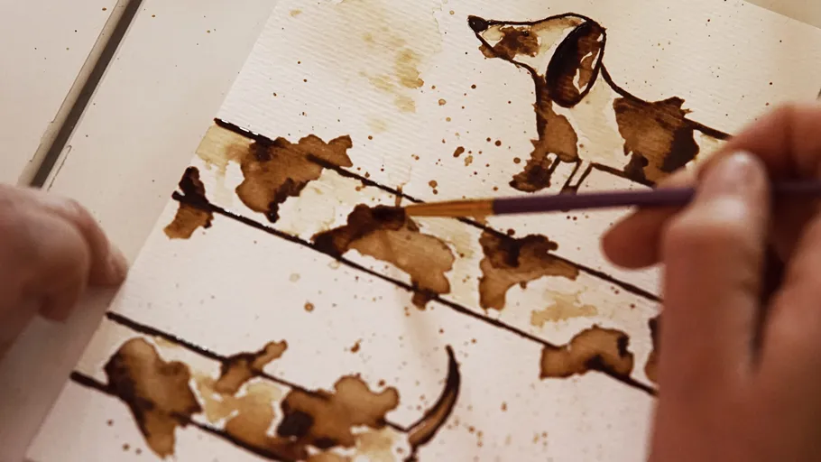 Hand painting dogs using coffee on paper.