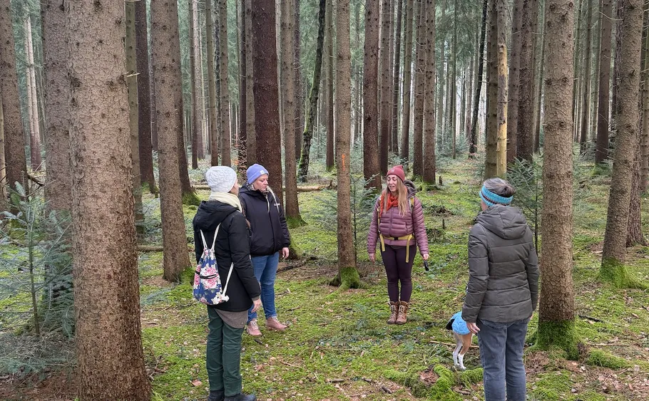 Vier Personen stehen in einer Waldlichtung.