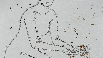 Figure outlined with text, splattered ink background.