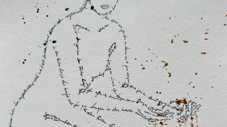 Figure outlined with text, splattered ink background.