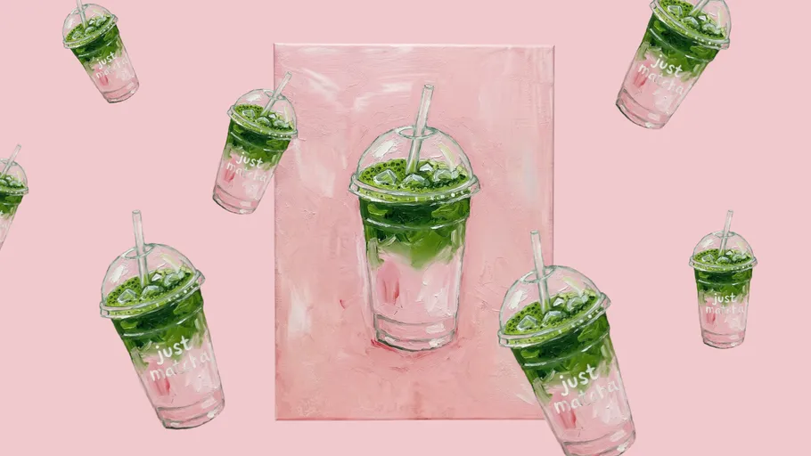 Matcha drinks on pink background, artistic style.