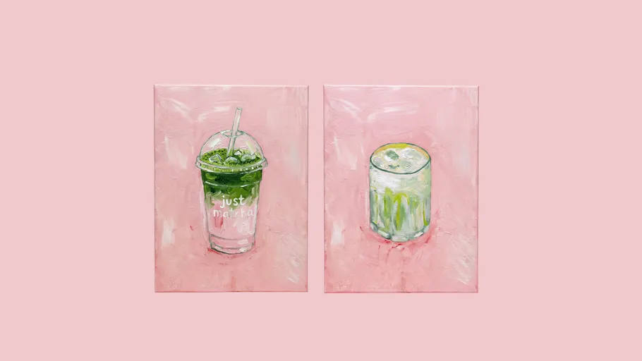 Two painted drinks with pink background.