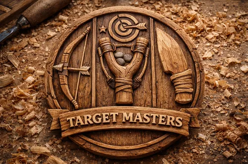 Wooden plaque with archery tools and text.