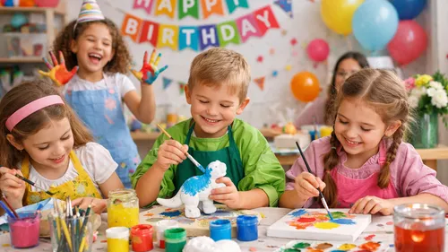 Children painting figurines at a birthday party.