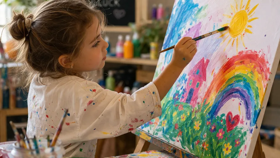 Child painting rainbow and sun on canvas.