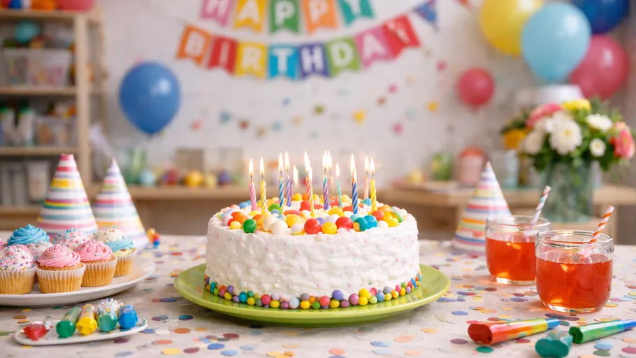 Birthday cake with candles in festive setting.