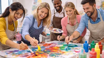 Group painting on canvas in art studio.