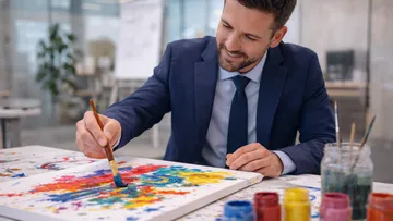 Geschäftsmann malt abstraktes Kunstwerk am Schreibtisch.