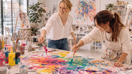 Zwei Frauen malen gemeinsam abstrakte Kunst.