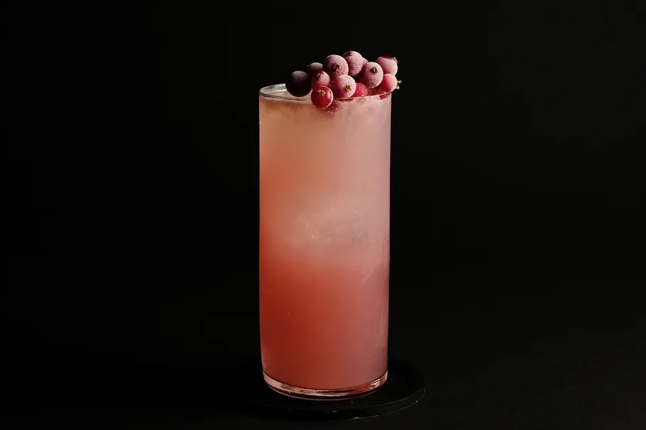 Pink cocktail with frozen berries on top.
