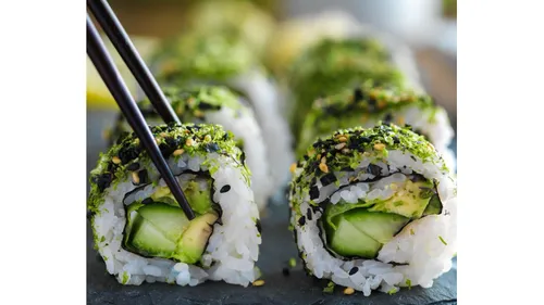 Chopsticks picking sushi roll with avocado and cucumber.