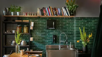 Modern kitchen with green tiled wall and plants.