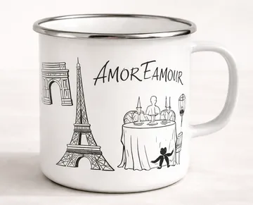 White mug with Paris-themed illustrations.