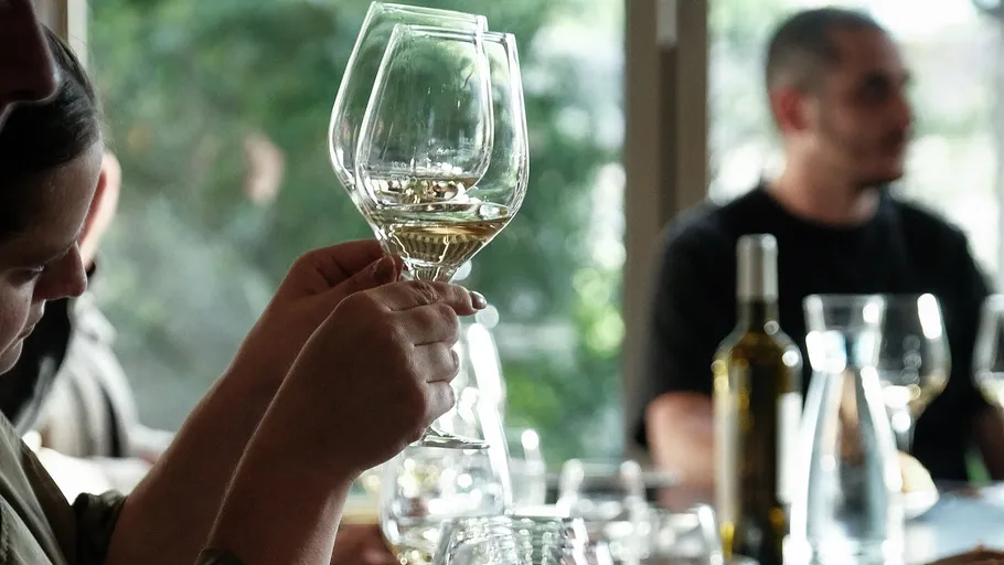 Person holding wine glass in tasting event.