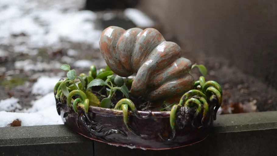 Sculptural planter with green plants, outdoors in snow.