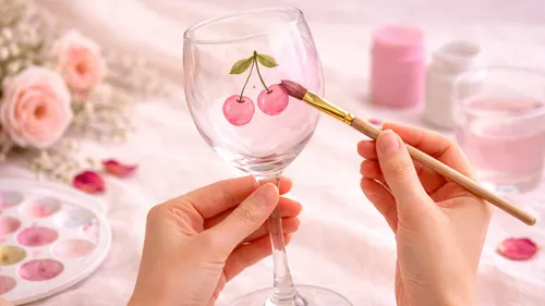 Person painting cherries on a wine glass.