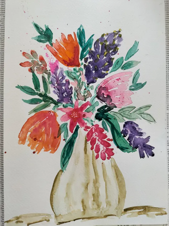 Bunte Blumen in einer Vase, Aquarellmalerei.