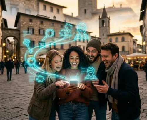 Four people smiling at a smartphone, digital graphics overlay.