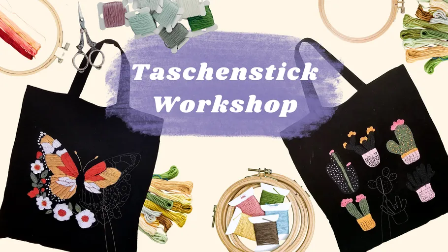 Embroidered bags, threads, scissors around them.