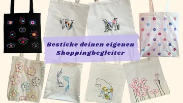 Multiple embroidered tote bags with unique designs.