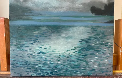 Abstract painting of water with blue tones.