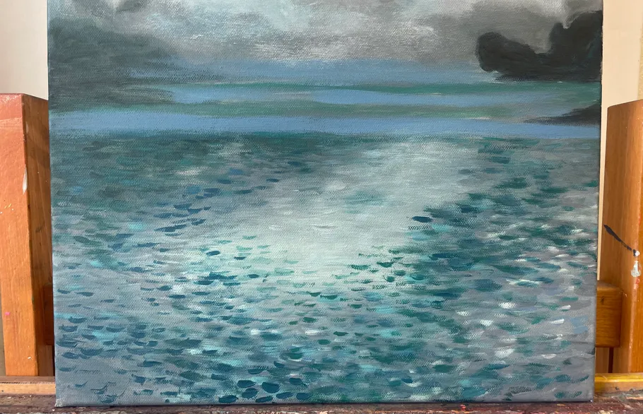 Abstract painting of water with blue tones.