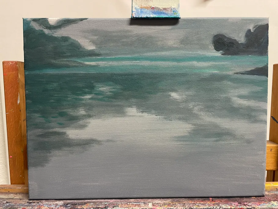 Abstract painting with green and gray hues.