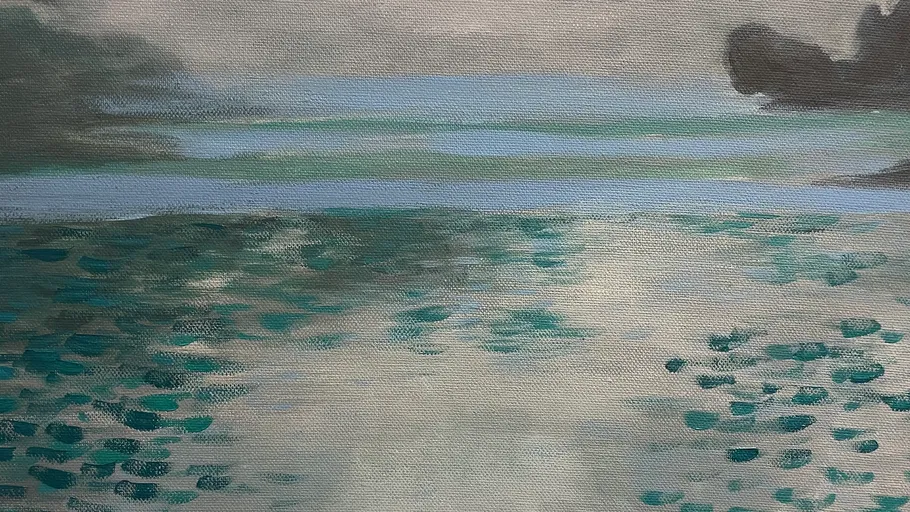 Abstract painting of water and sky with clouds.