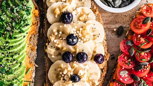 Three types of gourmet open-faced sandwiches.