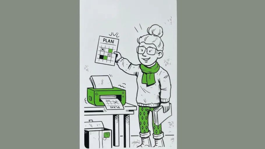 Person hält gedruckten Plan neben Drucker.