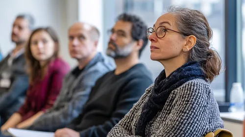 Group of people sitting attentively indoors.
