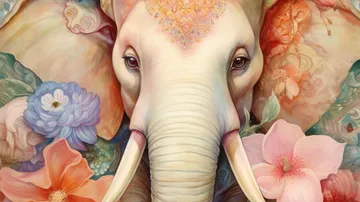 Elefant von bunten, ornamentalen Blumen umgeben.