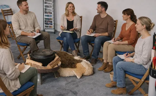Gruppe von Menschen sitzt im Kreis drinnen.