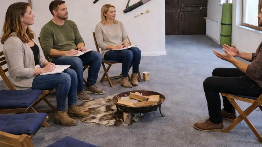 Gruppe diskutiert in einem Raum mit Stühlen.