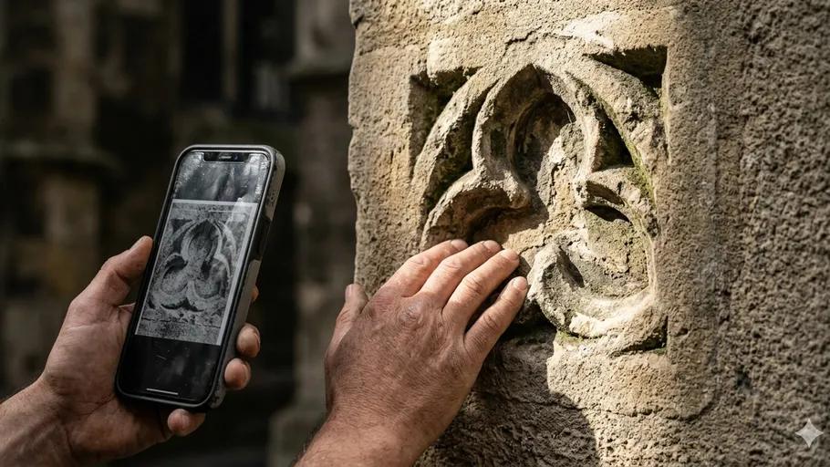 Hand touches stone carving; phone displays similar image.