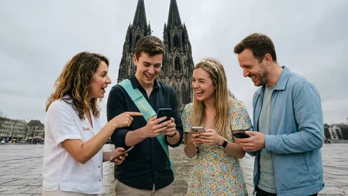 Four people laughing, checking phones near cathedral.