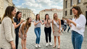 Gruppe von Frauen lacht auf einem Stadtplatz.