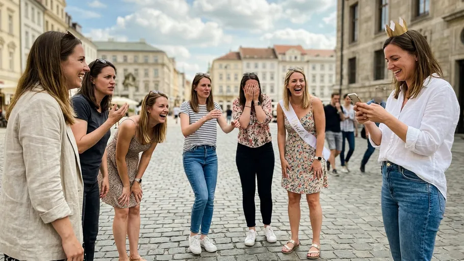 Gruppe von Frauen lacht auf einem Stadtplatz.