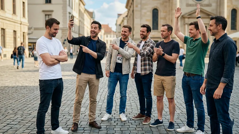 Männer lachen und zeigen auf einer Straße.
