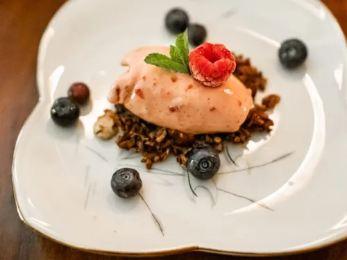 Eis auf Müsli-Teller, garniert mit Beeren und Minze.