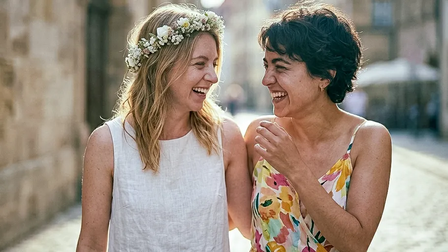 Zwei Frauen lachen draußen auf einer sonnigen Straße.