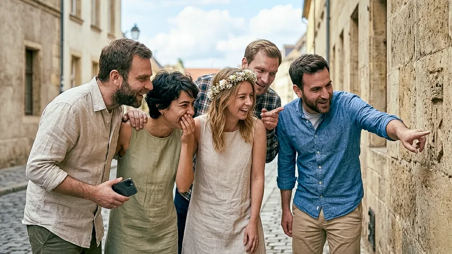 Group of five people smiling and pointing outdoors.